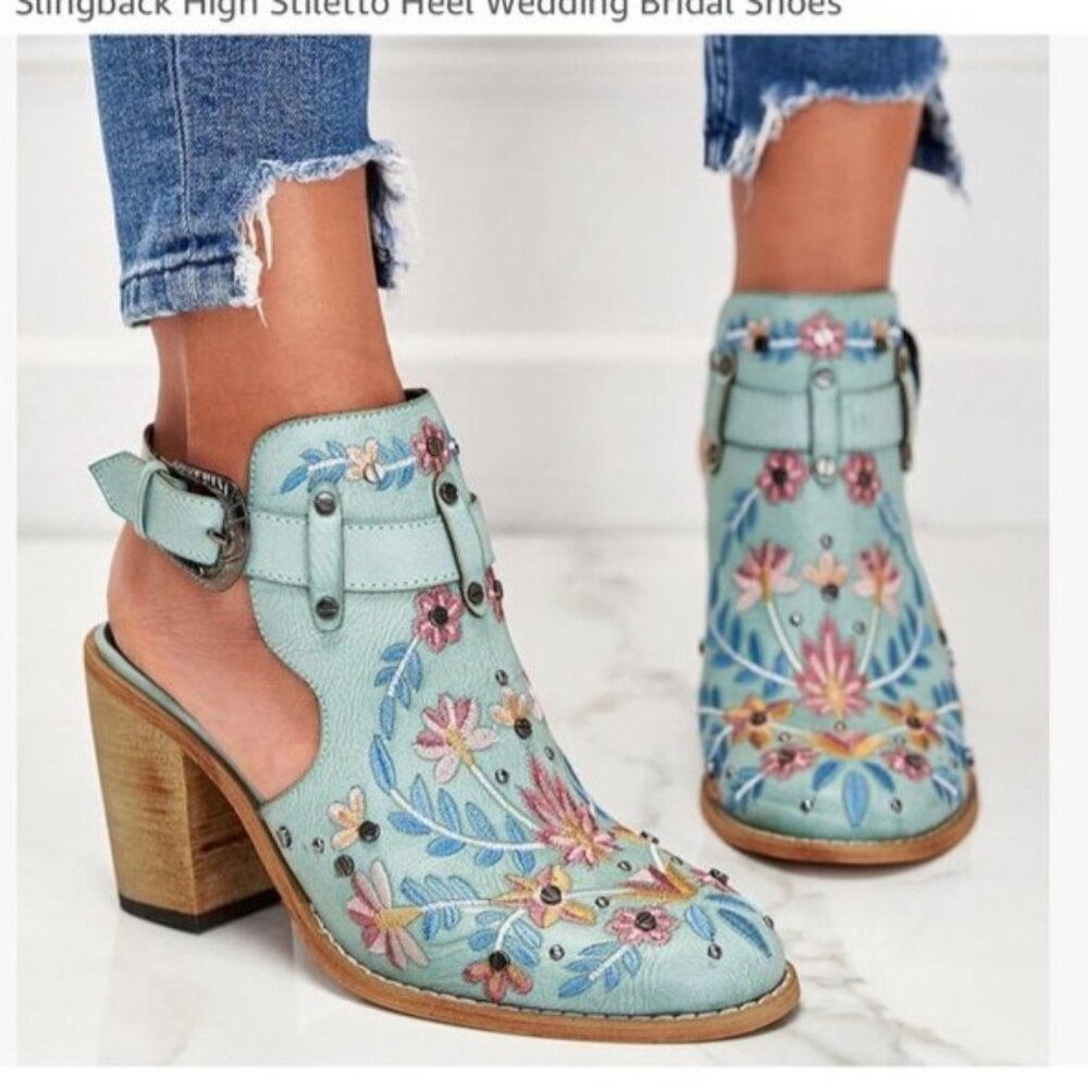 Floral Embroidered Blue Stiletto Heel Bridal Shoes
